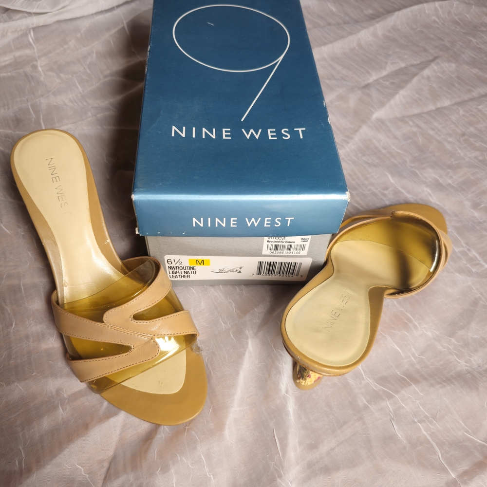 Nine West Tan Patent Slide Mules with Gold Accent Heel